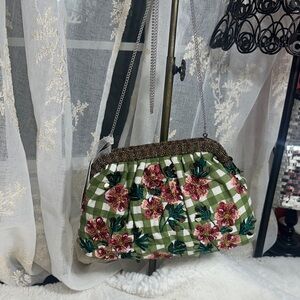 Made in India green gingham floral embroidered and beaded crossbody hinge bag